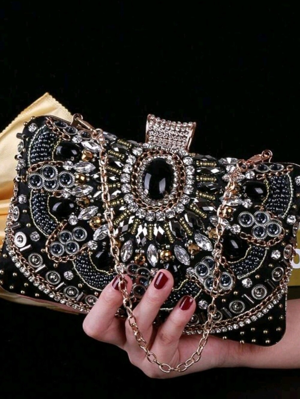 Embellished Black Jeweled Evening Clutch
